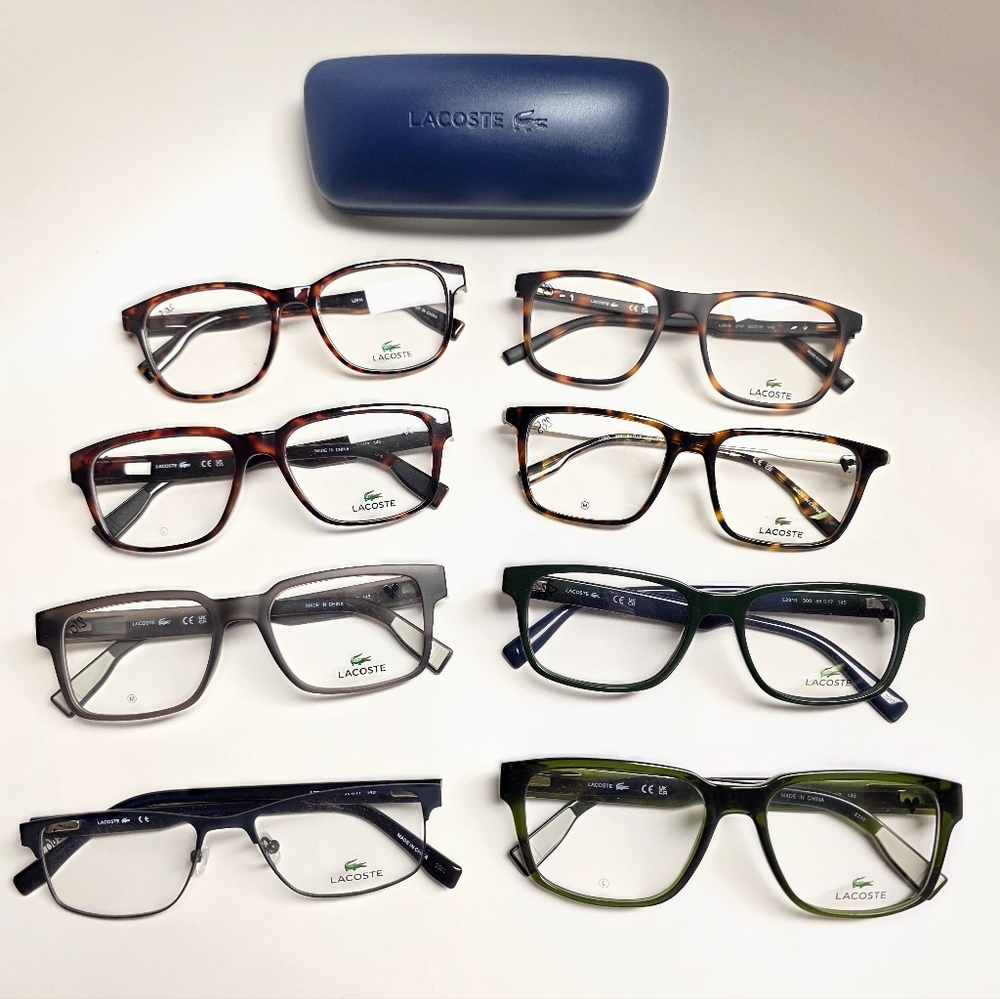 Lacoste Eyeglasses. 30 Pair w/Blue Lacoste Cases. Sold As Lot (not Individual)